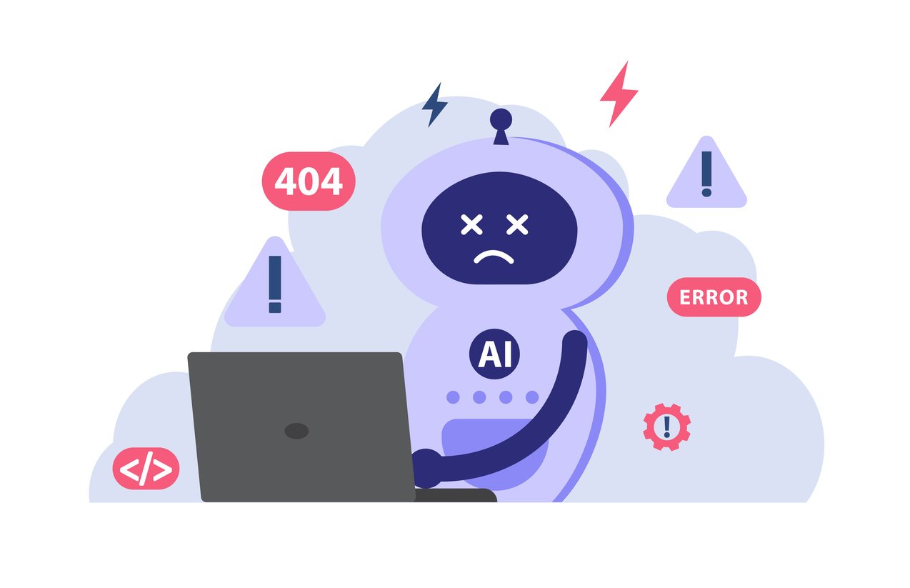 Robot surrounded by computer errors showing an AI project fail