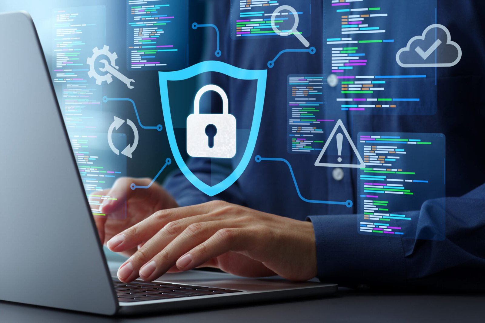image depicting a shield branching out to cybersecurity action icons