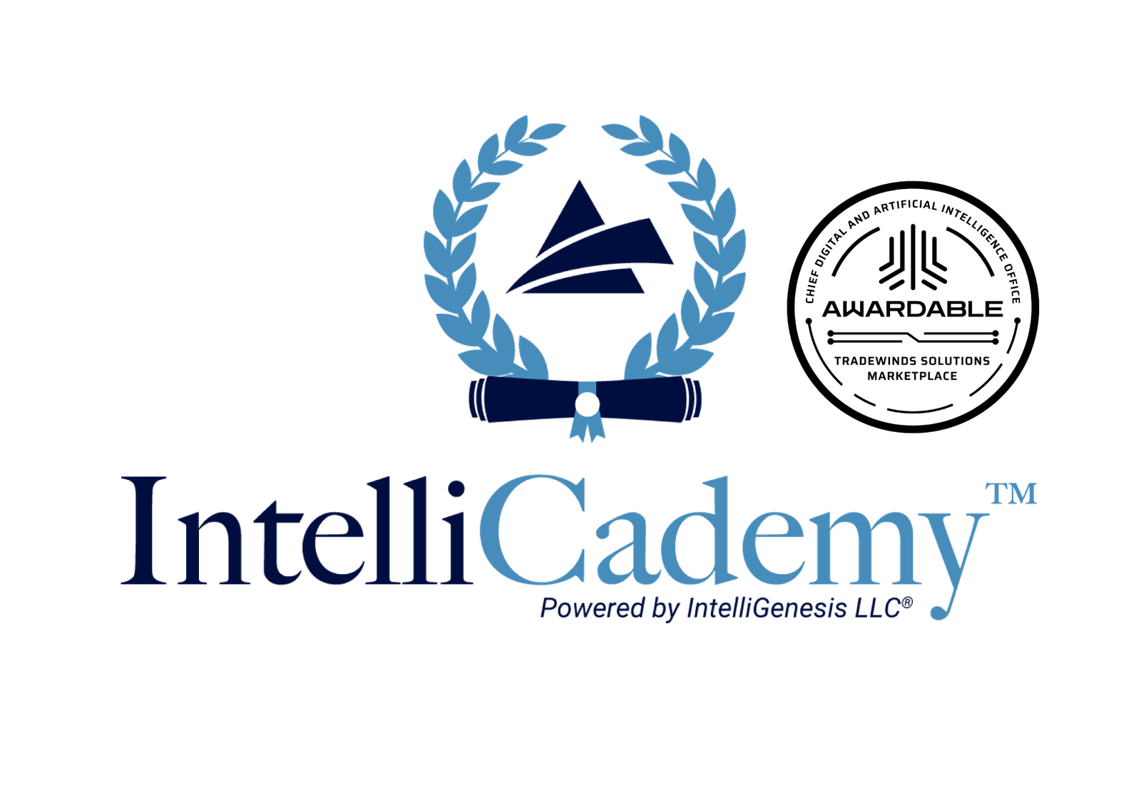 IntelliCademy Logo with the Tradewinds Solution Marketplace "awardable" badge for AI Training and Workforce Development