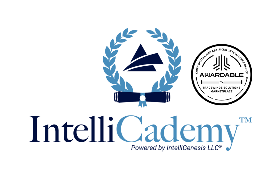 IntelliCademy Logo with the Tradewinds Solution Marketplace "awardable" badge for AI Training and Workforce Development
